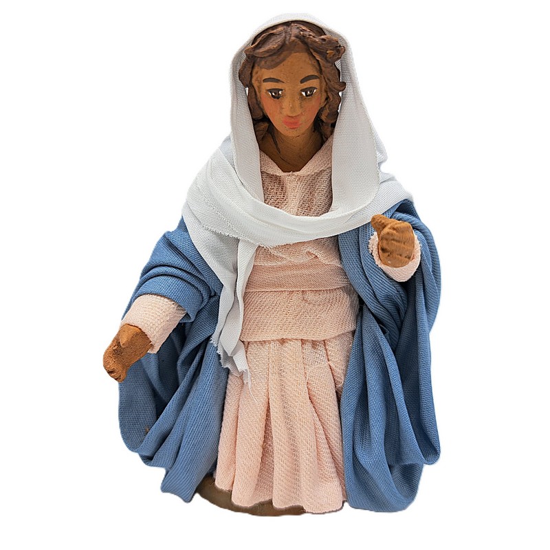 Madonna inginocchiata in veste blu, rosa e bianca del presepe napoletano, prodotto artigianale di Napoli fatto a mano e dipinto a mano
