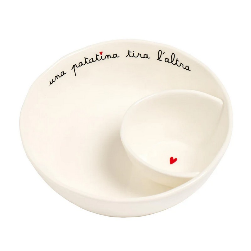 Ciotola in gres bianco con scomparto per condimenti decorata con scritta “Una patatina tira l'altra”