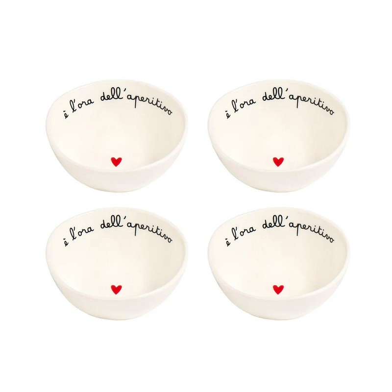Set 4 ciotoline in ceramica bianca con scritta “È l'ora dell'aperitivo