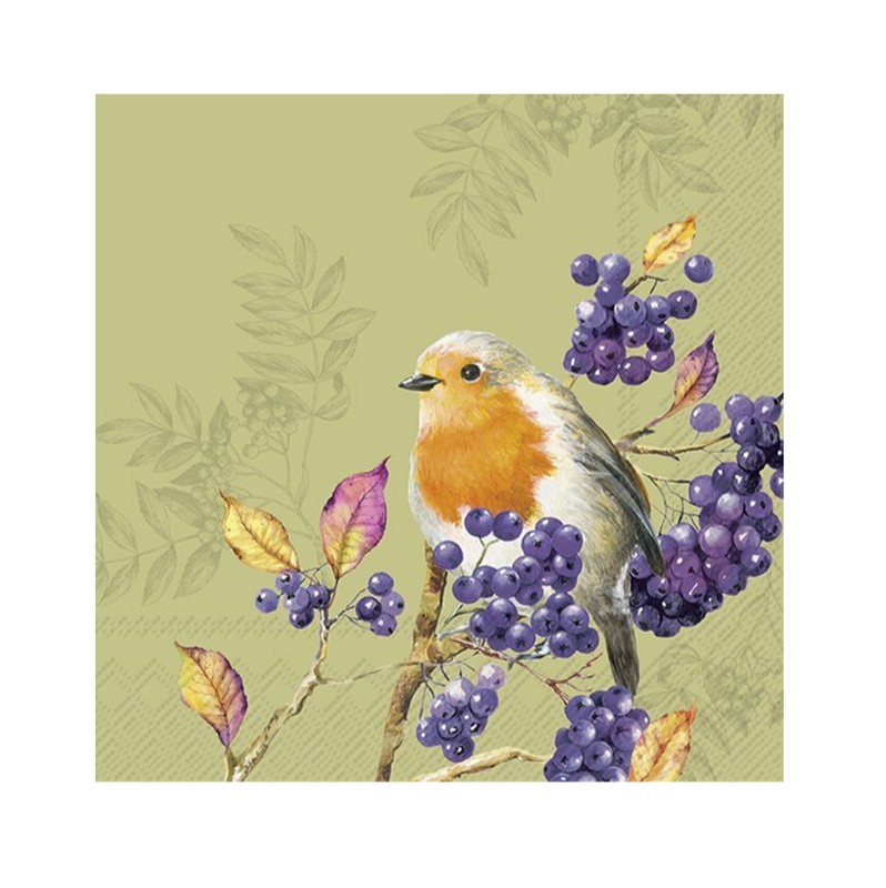 Set 20 tovaglioli di carta decorati con pettirosso e mirtilli