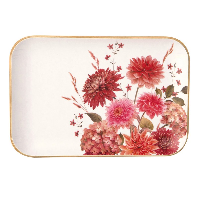 Vassoio di legno decorato con fiori rossi e rosa