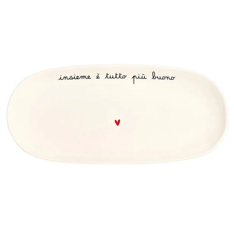 Piatto da portata ovale in ceramica bianca decorato con scritta “Insieme è tutto più buono” e cuore, utilizzabile anche come vassoio o centrotavola