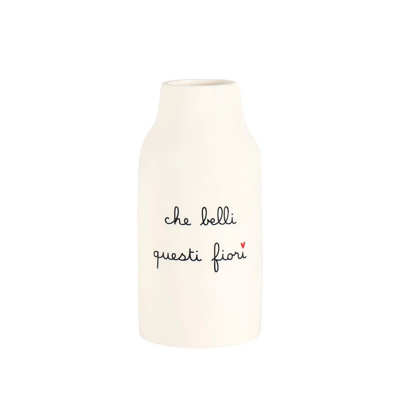 Vaso fiori in ceramica bianca con scritta “Che belli questi fiori”