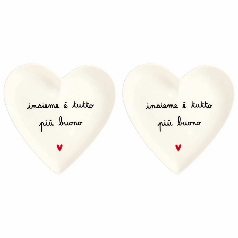 Set 2 piatti cuore in ceramica bianca decorati con scritta “Insieme è tutto più buono”