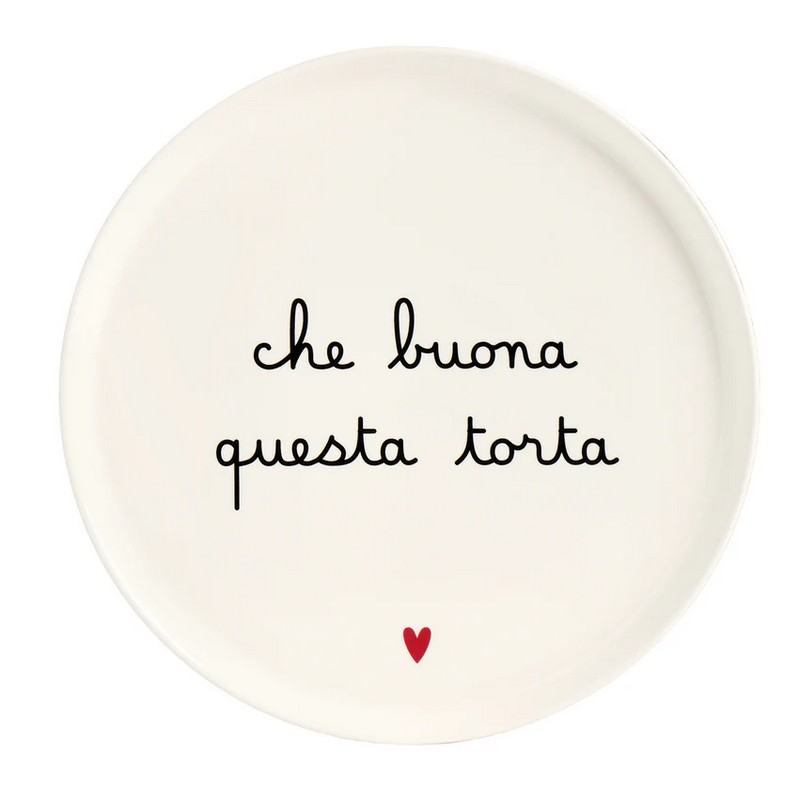 Alzata per dolci e torte in ceramica bianca con scritta “Che buona questa torta”, con cuore rosso e bordo rialzato