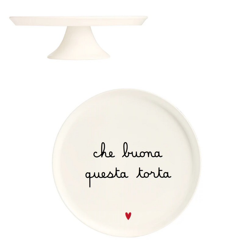 Alzata per dolci e torte in ceramica bianca con scritta “Che buona questa torta”, con cuore rosso e bordo rialzato