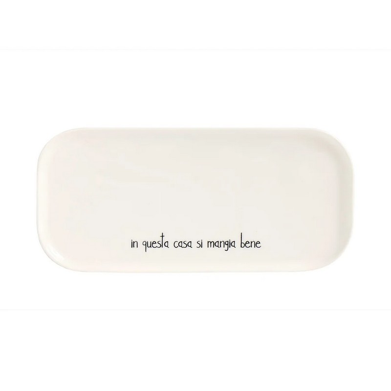 Piatto da portata rettangolare in gres bianco decorato con scritta “In questa casa si mangia bene”, utilizzabile anche come vassoio