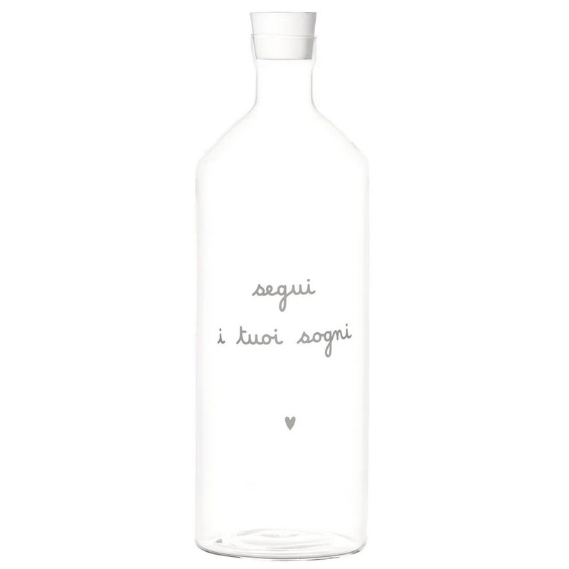 Bottiglia in vetro borosilicato con tappo e decoro “Segui i tuoi sogni” con cuore