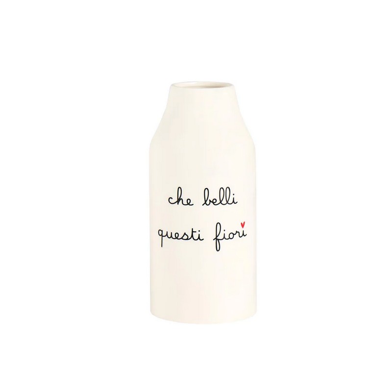 Vaso fiori in ceramica bianca con scritta “Che belli questi fiori”