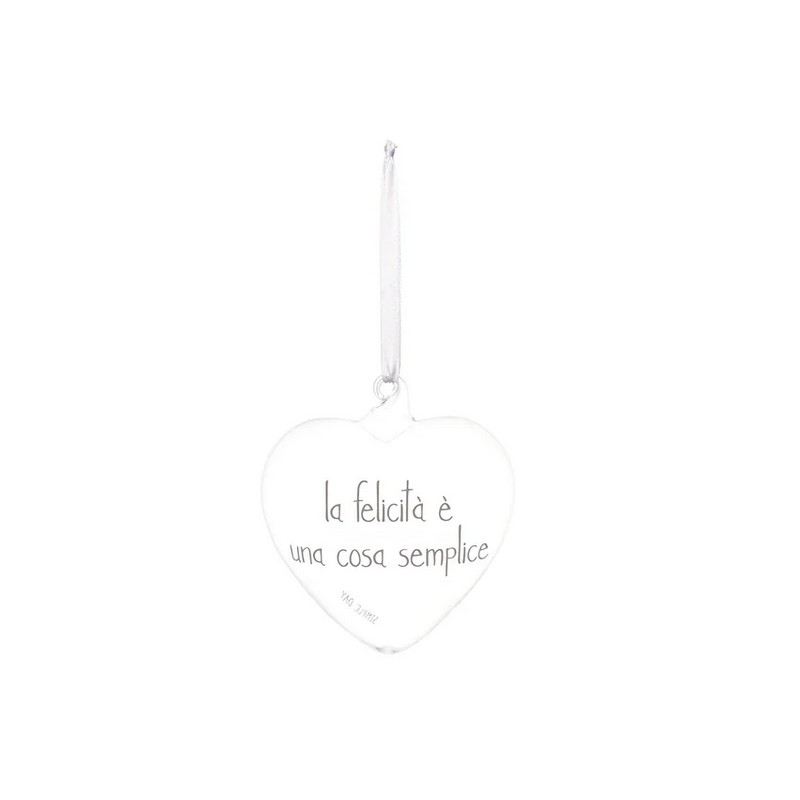 Cuore in vetro borosilicato da appendere con scritta “La felicità è una cosa semplice”