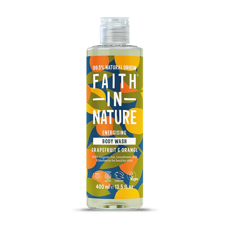 Bagnoschiuma naturale al 99.5 energizzante con pompelmo e arancia, confezione da 400ml