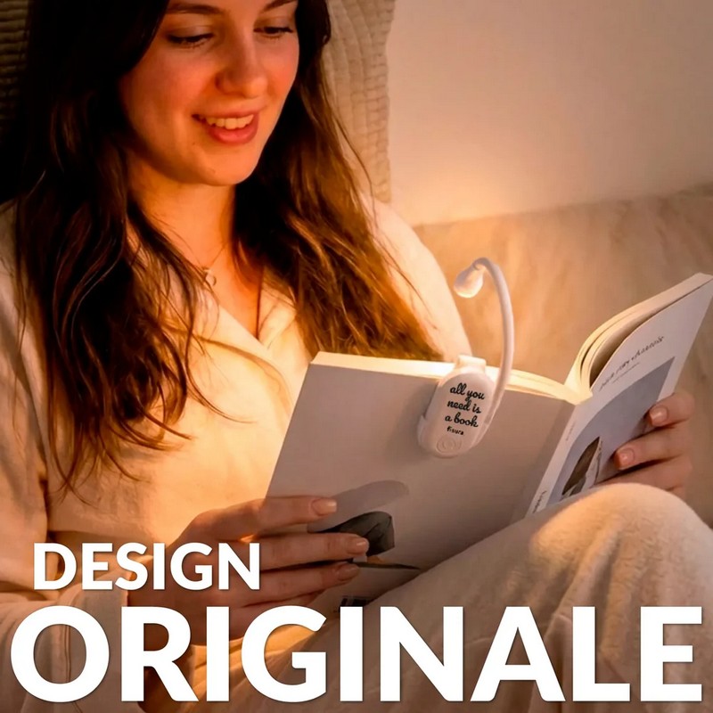 Luce da lettura ricaricabile con clip, braccio flessibile e scritta “All you need is a book”, con 3 modalità di luce: calda, fredda e naturale a intensità regolabile
