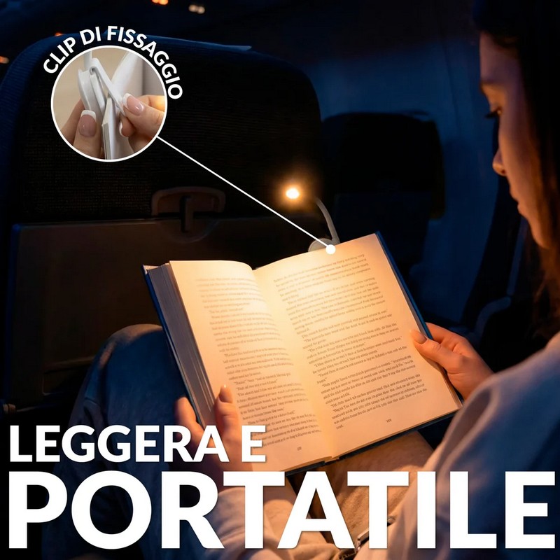 Luce da lettura ricaricabile con clip, braccio flessibile e scritta “All you need is a book”, con 3 modalità di luce: calda, fredda e naturale a intensità regolabile