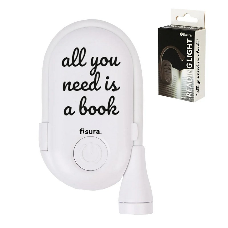 Luce da lettura ricaricabile con clip, braccio flessibile e scritta “All you need is a book”, con 3 modalità di luce: calda, fredda e naturale a intensità regolabile