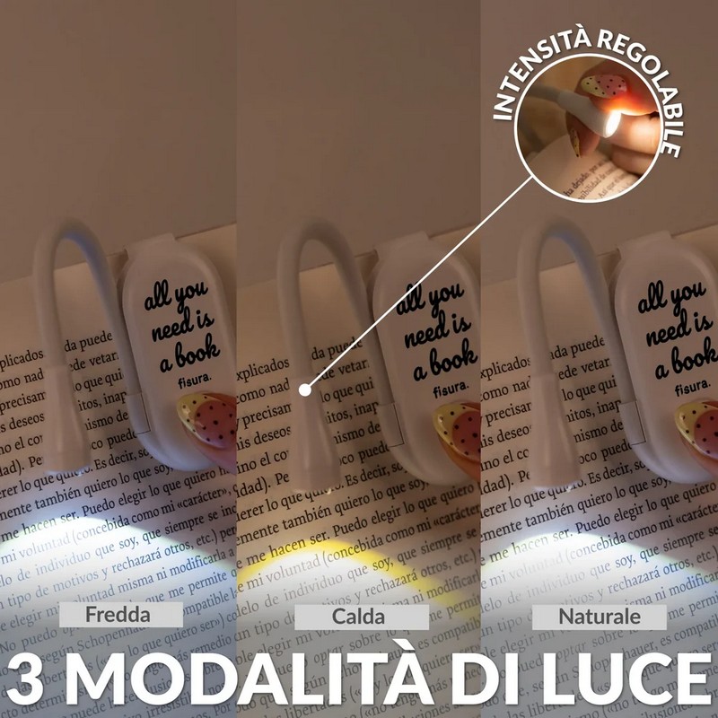 Luce da lettura ricaricabile con clip, braccio flessibile e scritta “All you need is a book”, con 3 modalità di luce: calda, fredda e naturale a intensità regolabile