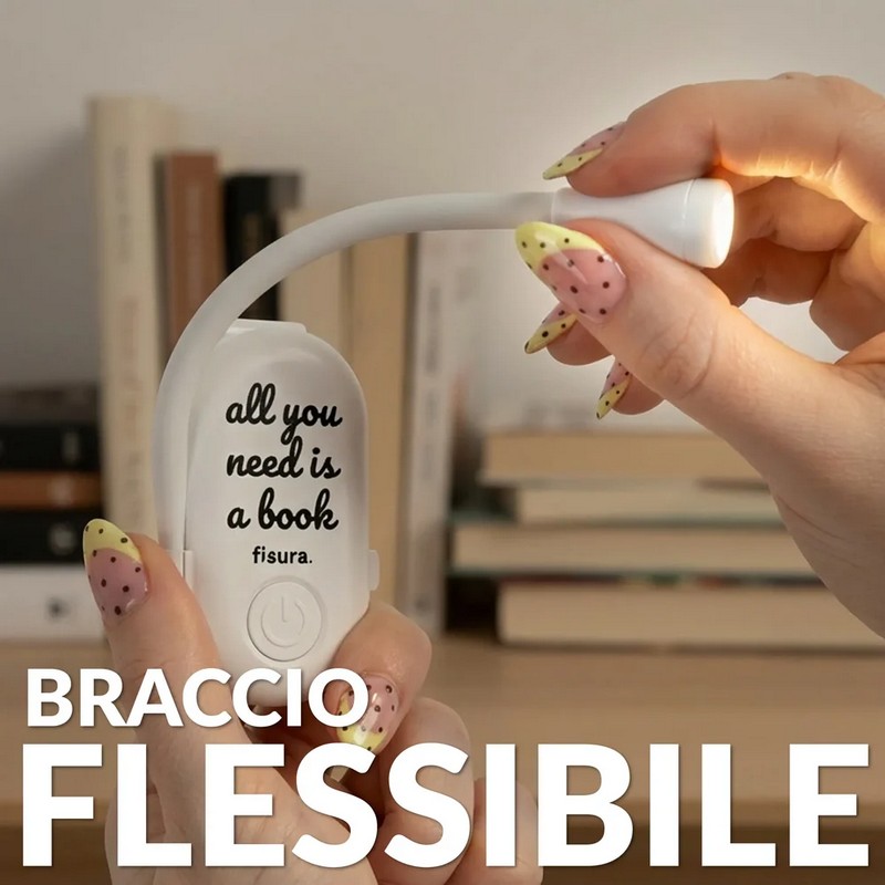 Luce da lettura ricaricabile con clip, braccio flessibile e scritta “All you need is a book”, con 3 modalità di luce: calda, fredda e naturale a intensità regolabile