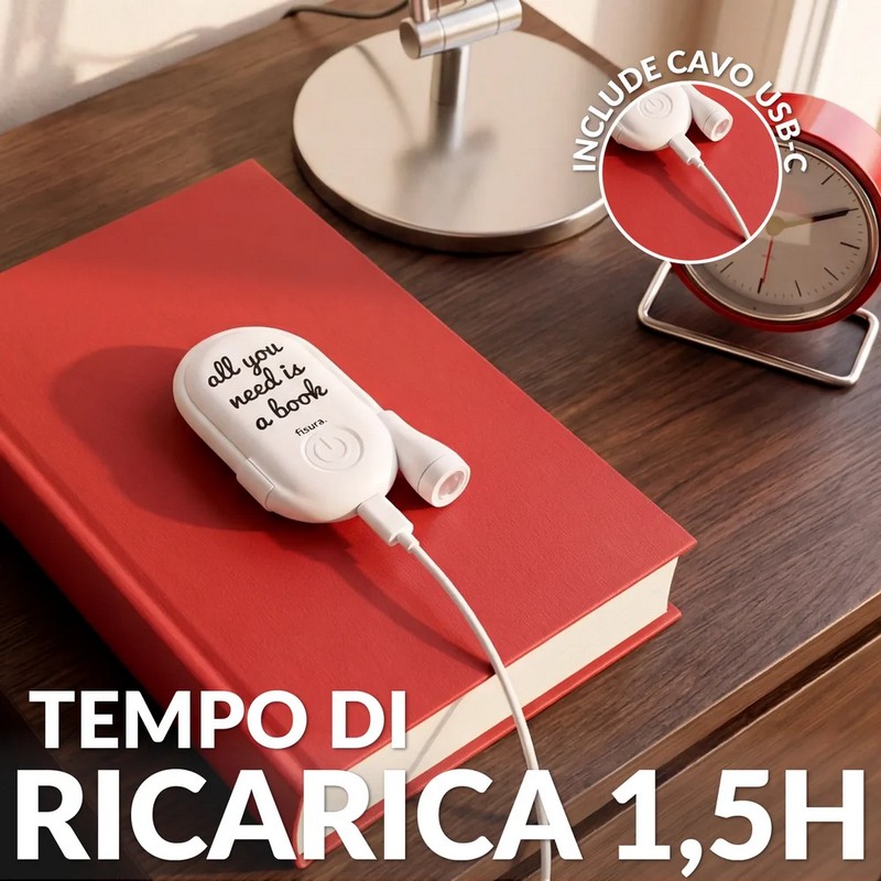 Luce da lettura ricaricabile con clip, braccio flessibile e scritta “All you need is a book”, con 3 modalità di luce: calda, fredda e naturale a intensità regolabile