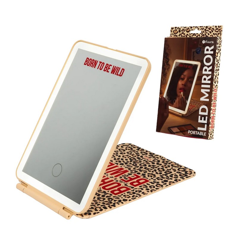 Specchio con luce ricaricabile e portatile con decoro leopardato e scritta “Born to be wild”