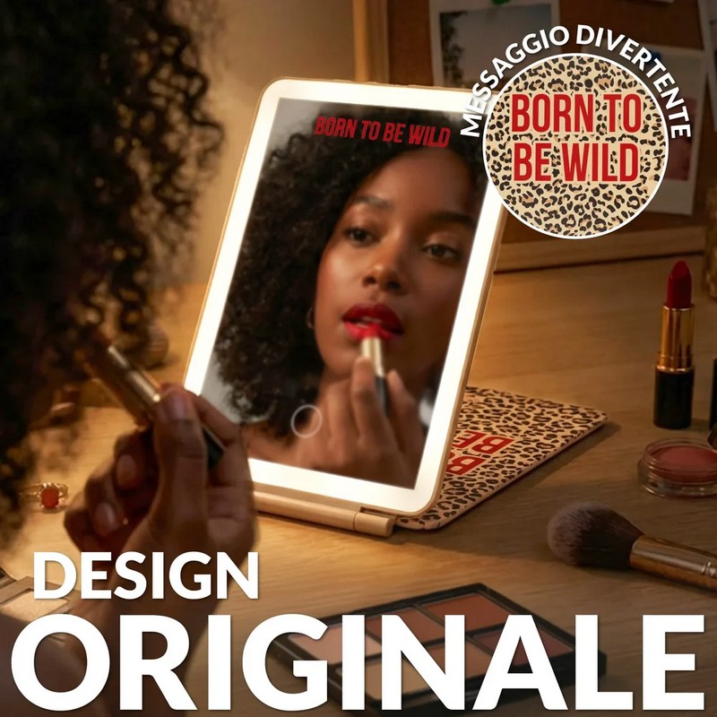 Specchio con luce ricaricabile e portatile con decoro leopardato e scritta “Born to be wild”