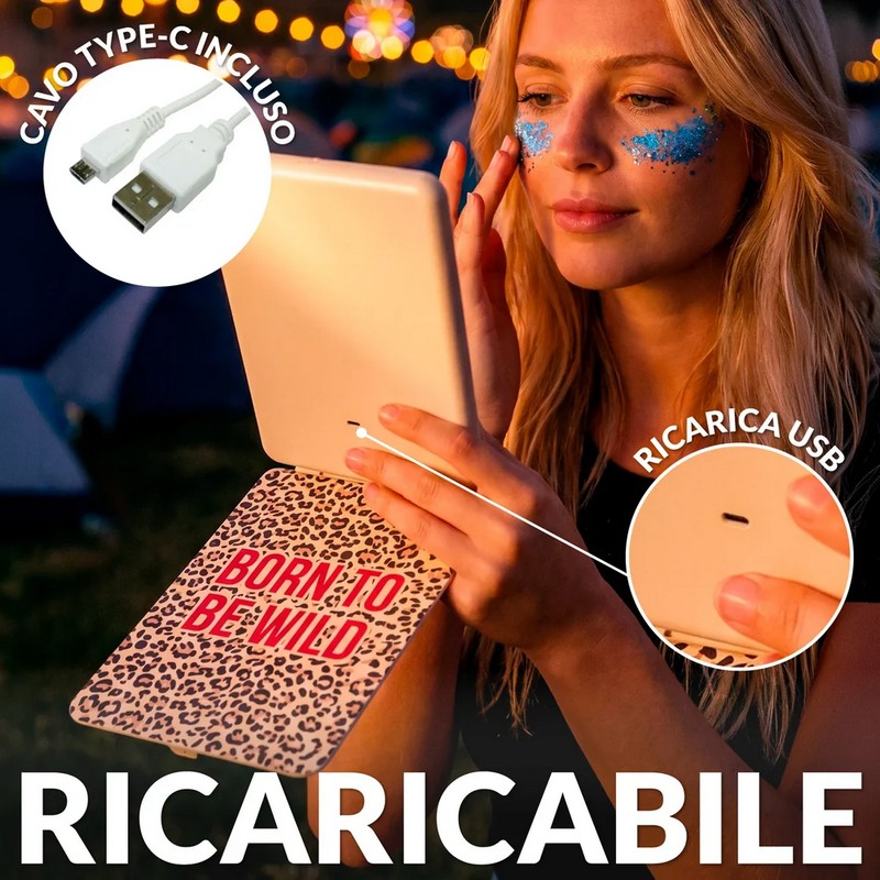 Specchio con luce ricaricabile e portatile con decoro leopardato e scritta “Born to be wild”