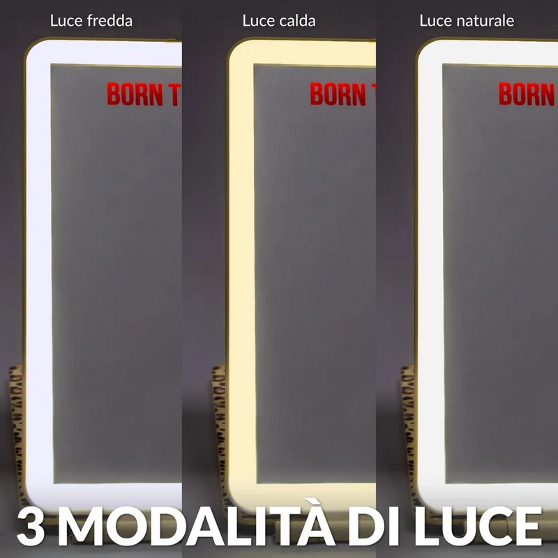 Specchio con luce ricaricabile e portatile con decoro leopardato e scritta “Born to be wild”