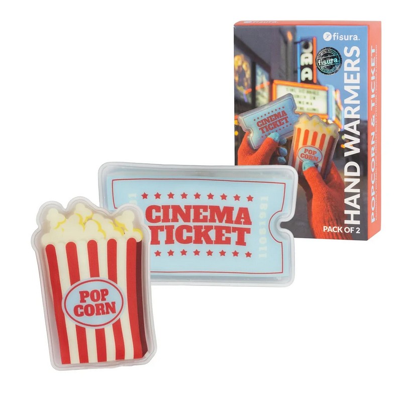 Set 2 scaldamani riutilizzabili a forma di biglietto del cinema e popcorn