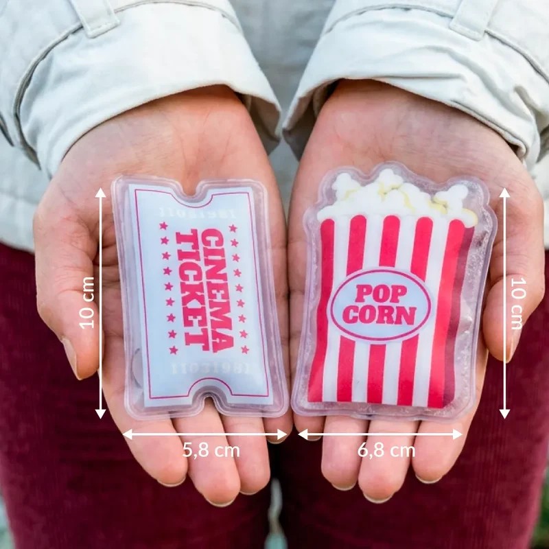 Set 2 scaldamani riutilizzabili a forma di biglietto del cinema e popcorn