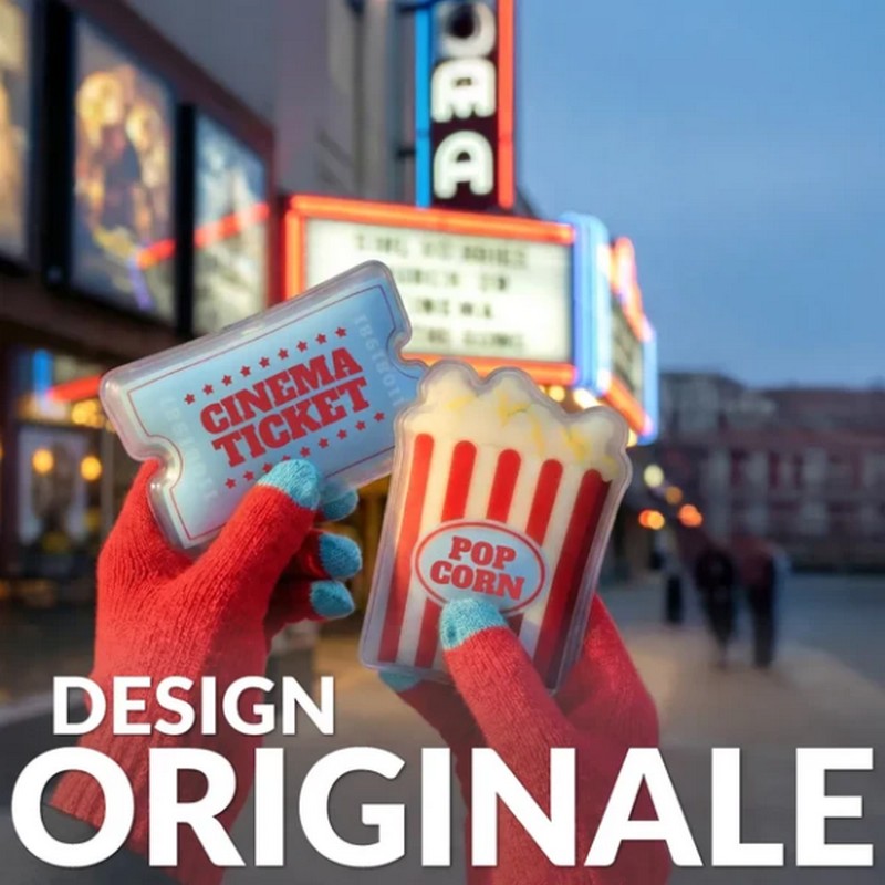 Set 2 scaldamani riutilizzabili a forma di biglietto del cinema e popcorn