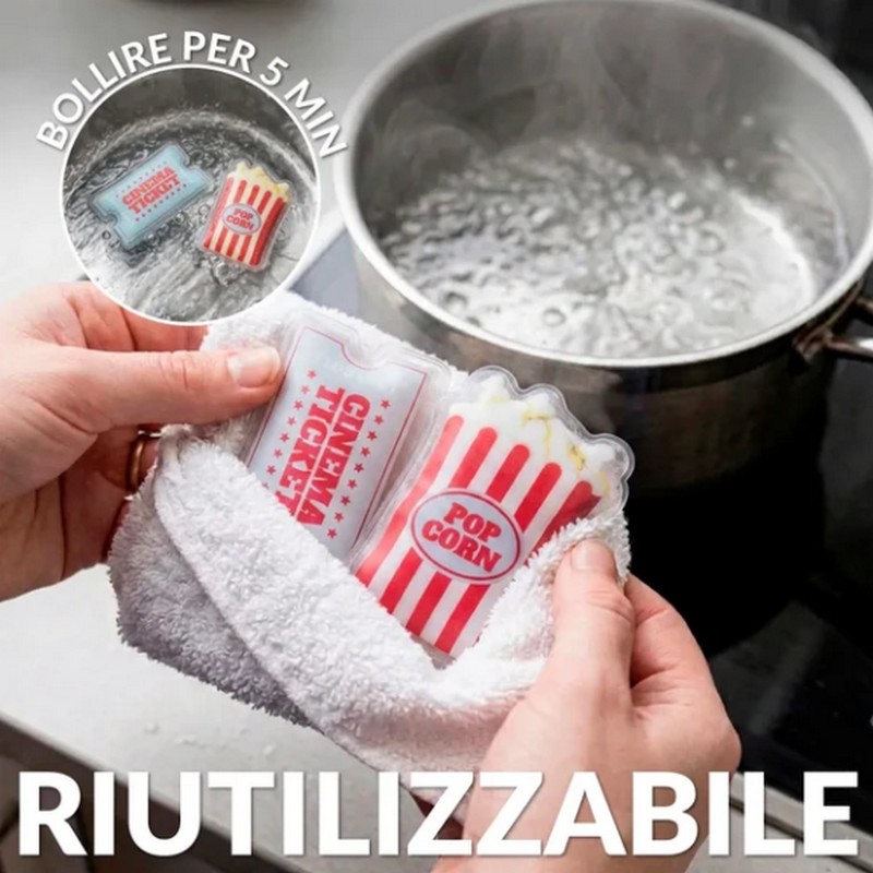 Set 2 scaldamani riutilizzabili a forma di biglietto del cinema e popcorn