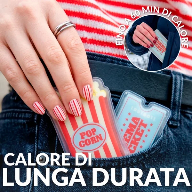 Set 2 scaldamani riutilizzabili a forma di biglietto del cinema e popcorn