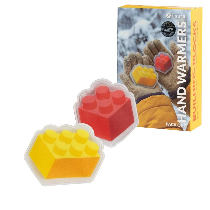Set 2 scaldamani riutilizzabili a forma di blocchetti Lego, uno giallo e l'altro rosso