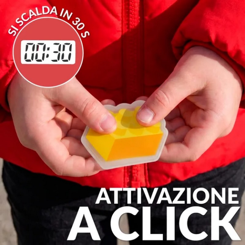 Set 2 scaldamani riutilizzabili a forma di blocchetti Lego, uno giallo e l'altro rosso