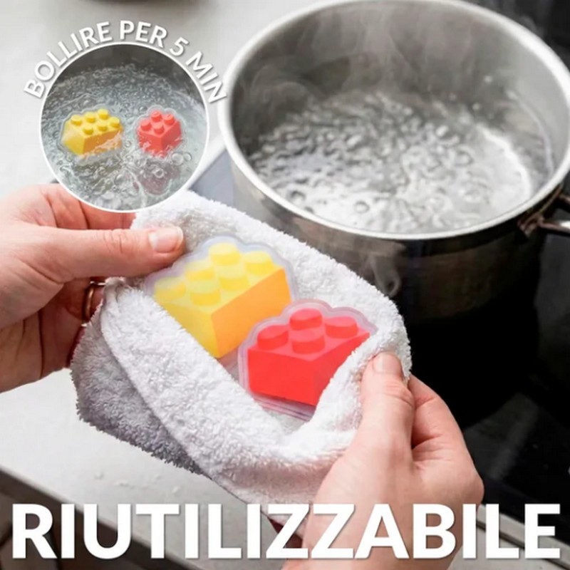 Set 2 scaldamani riutilizzabili a forma di blocchetti Lego, uno giallo e l'altro rosso