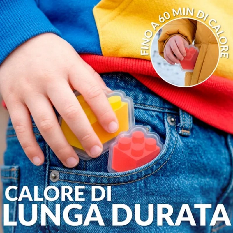 Set 2 scaldamani riutilizzabili a forma di blocchetti Lego, uno giallo e l'altro rosso