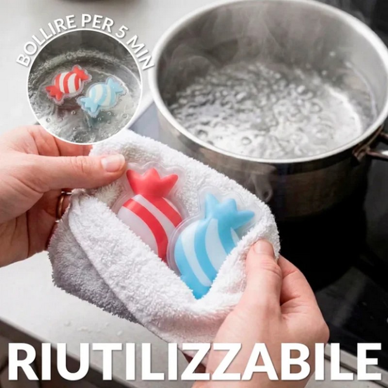 Set 2 scaldamani riutilizzabili a forma di caramelle, una rosa e l'altra azzurra