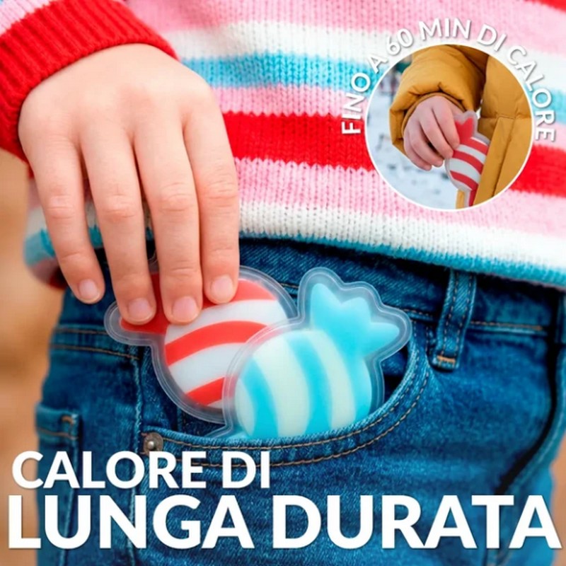 Set 2 scaldamani riutilizzabili a forma di caramelle, una rosa e l'altra azzurra