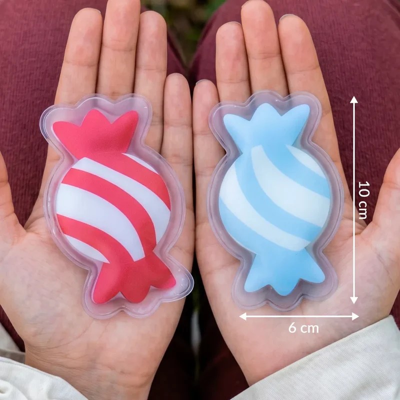 Set 2 scaldamani riutilizzabili a forma di caramelle, una rosa e l'altra azzurra
