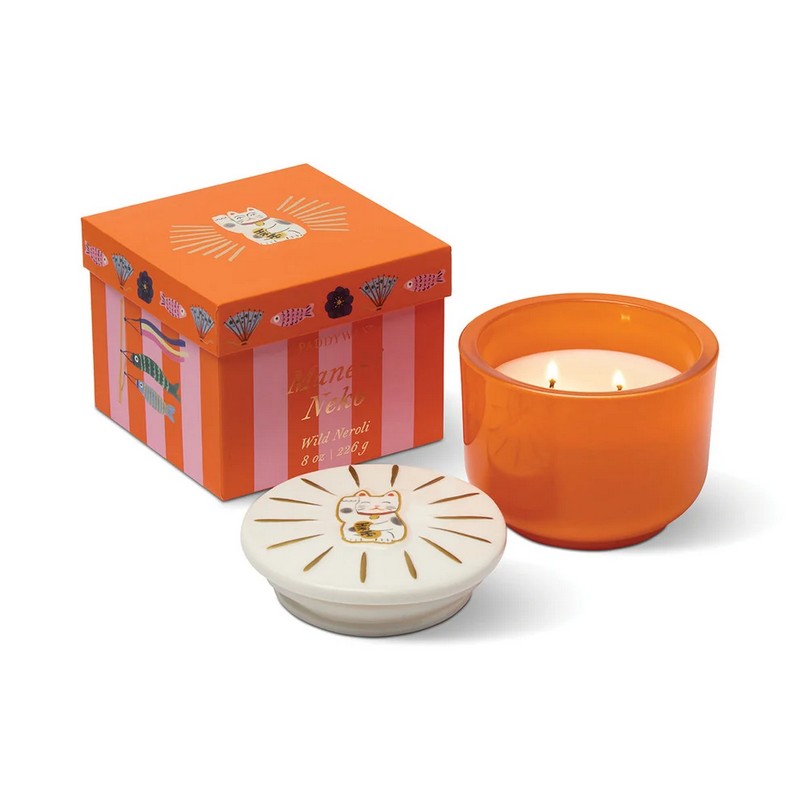 Candela profumata al neroli selvatico in barattolo di ceramica con coperchio con gatto portafortuna cinese in scatola regalo, realizzata in cera di soia con due stoppini, perfetta come candela particolare da regalare