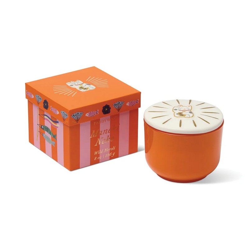 Candela profumata al neroli selvatico in barattolo di ceramica con coperchio con gatto portafortuna cinese in scatola regalo, realizzata in cera di soia con due stoppini, perfetta come candela particolare da regalare