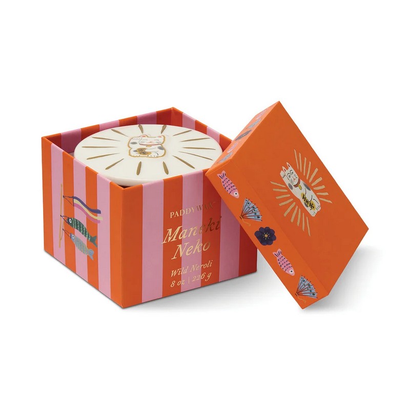 Candela profumata al neroli selvatico in barattolo di ceramica con coperchio con gatto portafortuna cinese in scatola regalo, realizzata in cera di soia con due stoppini, perfetta come candela particolare da regalare