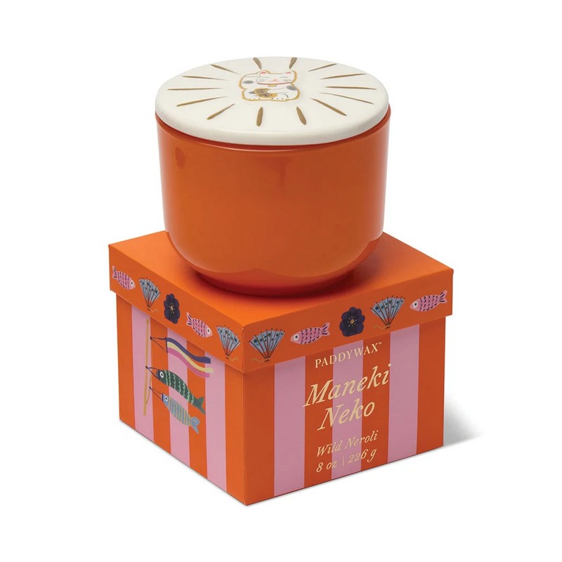 Candela profumata al neroli selvatico in barattolo di ceramica con coperchio con gatto portafortuna cinese in scatola regalo, realizzata in cera di soia con due stoppini, perfetta come candela particolare da regalare