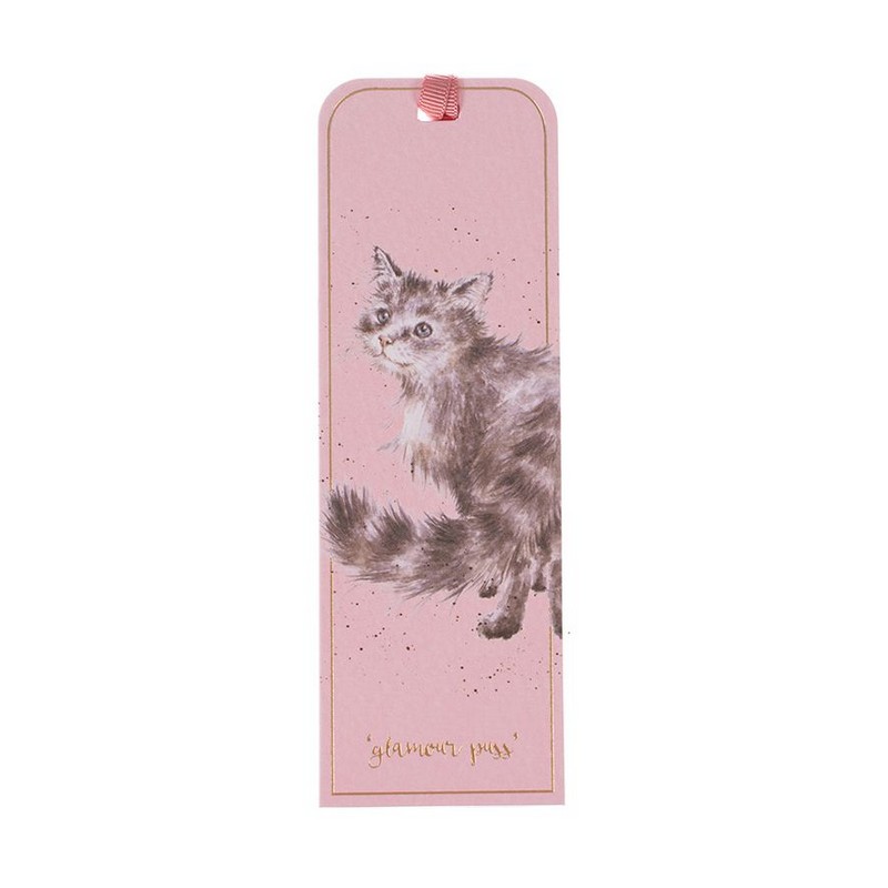 Segnalibro in cartoncino testurizzato decorato con gatto grigio e descrizione in inglese dell'animale sul retro
