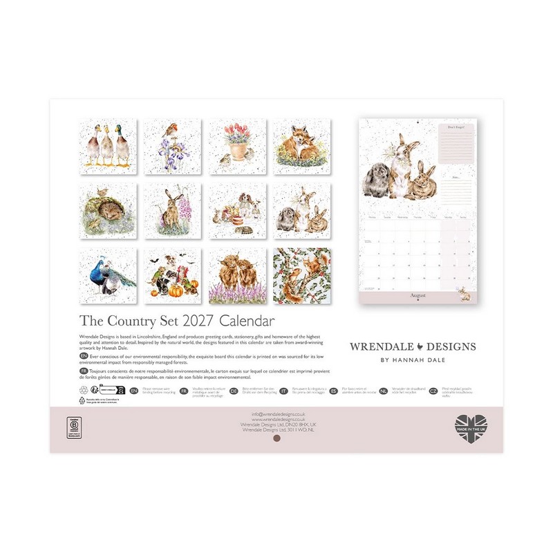 Calendario famiglia 2027 decorato con 12 disegni diversi di animali di campagna