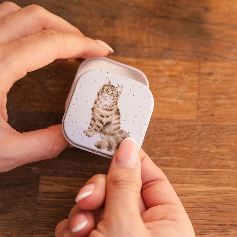 Balsamo per labbra al profumo di miele e vaniglia contenuto in scatola di latta decorata con gatto