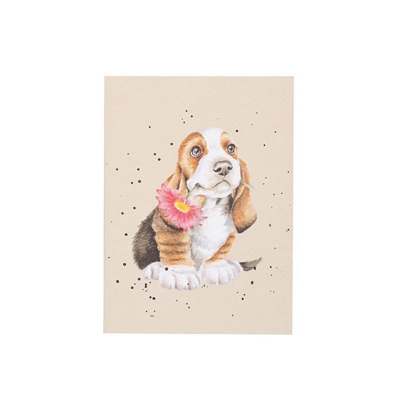 Quaderno a righe dimensione A6 decorato cucciolo di Basset Hound con in bocca un fiore rosa, pagine illustrate