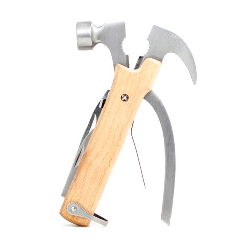 Martello multiutensile 10 in 1 in acciaio inossidabile con tronchese, cacciavite piatto e a stella, pinze, coltello, lima, seghetto, alesatore e apribottiglie, manico rivestito con legno di faggio