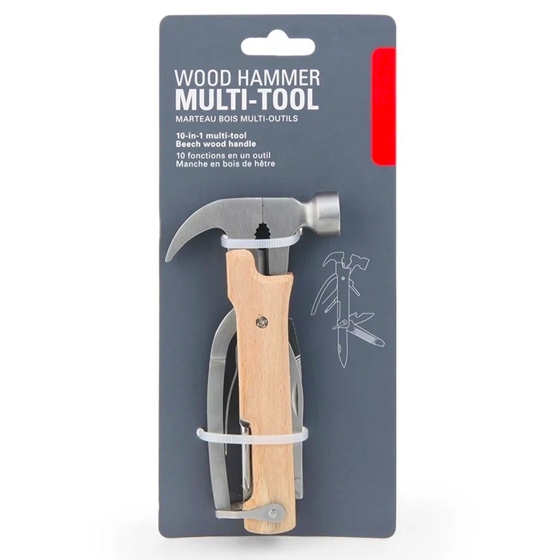 Martello multiutensile 10 in 1 in acciaio inossidabile con tronchese, cacciavite piatto e a stella, pinze, coltello, lima, seghetto, alesatore e apribottiglie, manico rivestito con legno di faggio