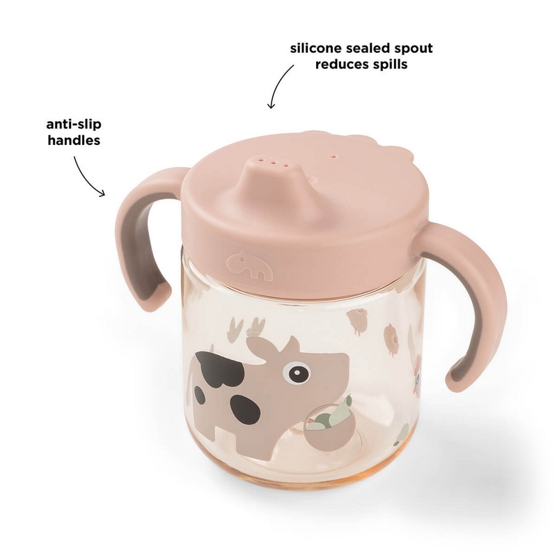 Tazza per neonati con beccuccio e manici decorata con mucca e dettagli rosa