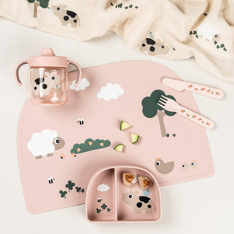 Tazza per neonati con beccuccio e manici decorata con mucca e dettagli rosa