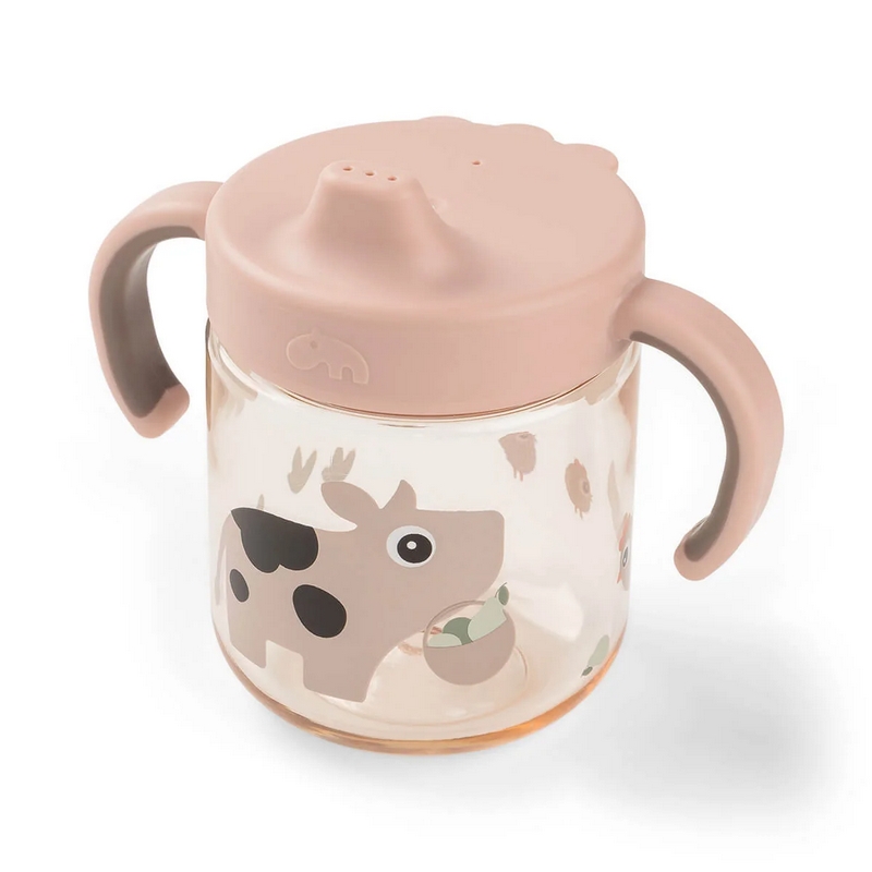 Tazza per neonati con beccuccio e manici decorata con mucca e dettagli rosa